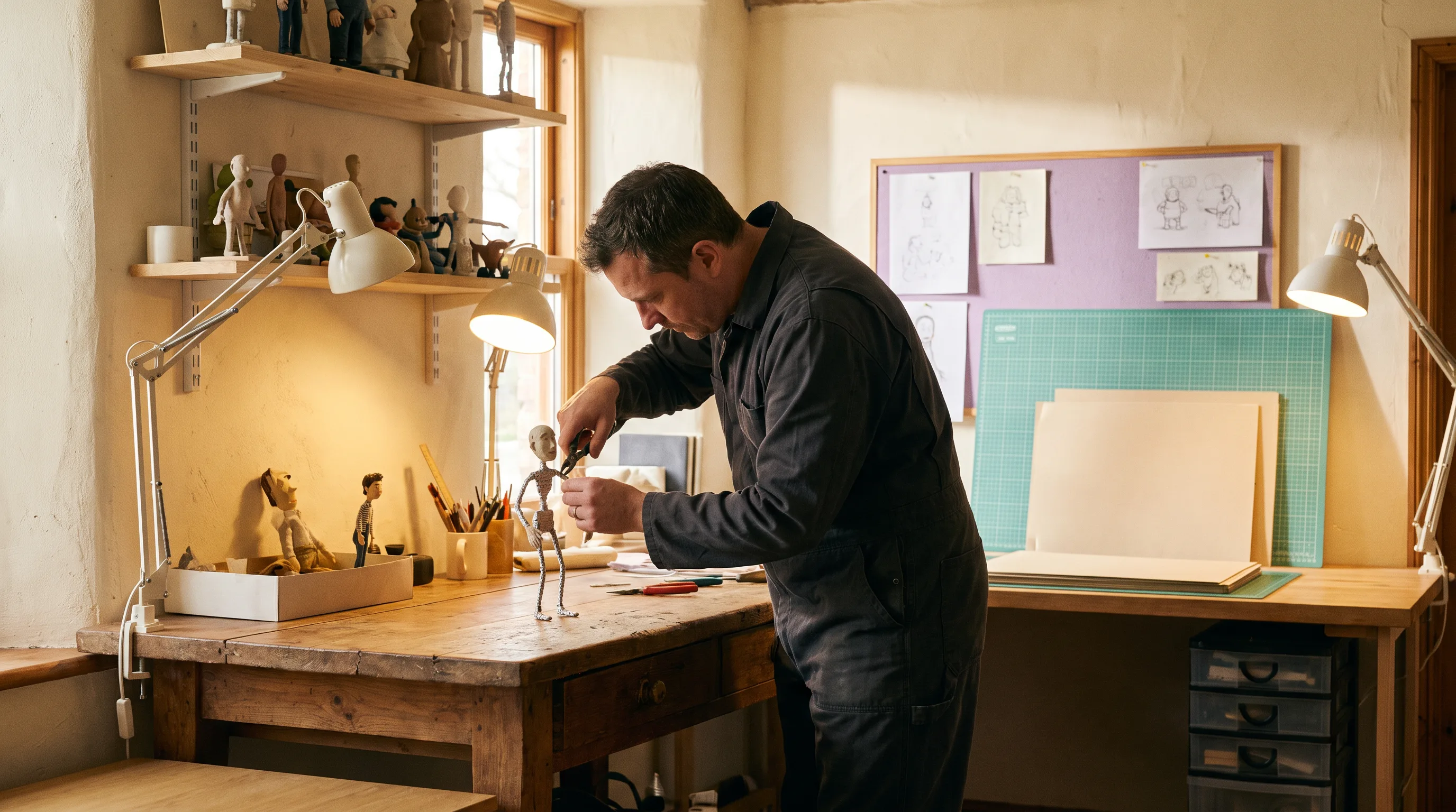 Animator adjusting a puppet armature in a workshop