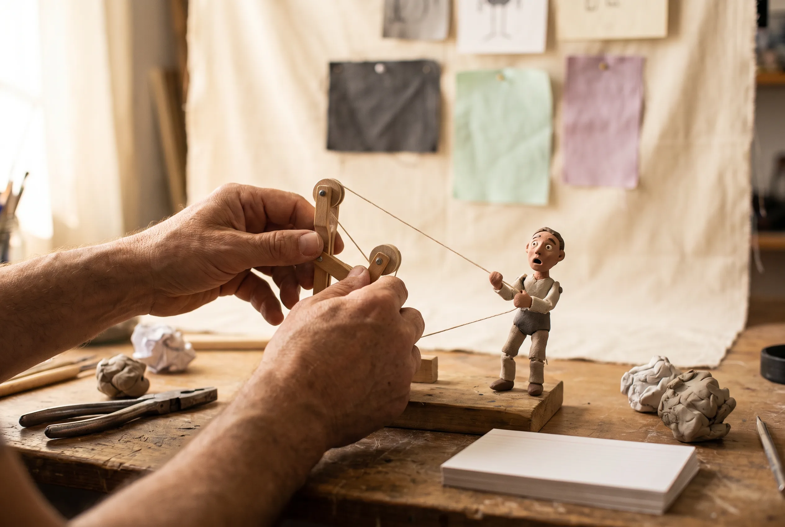Hands operating physical puppet controls