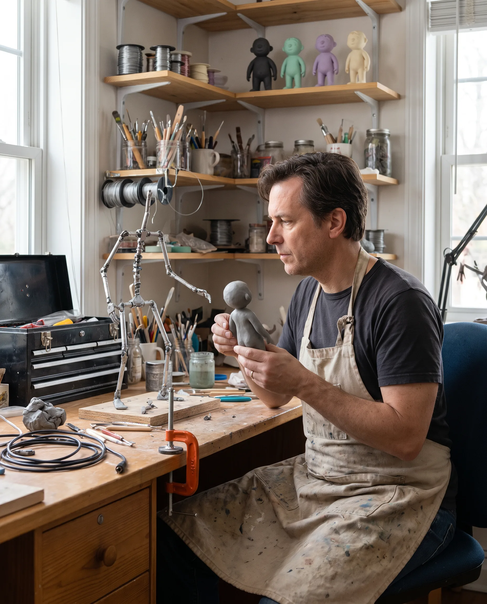 Animator holding a clay maquette beside a wire armature