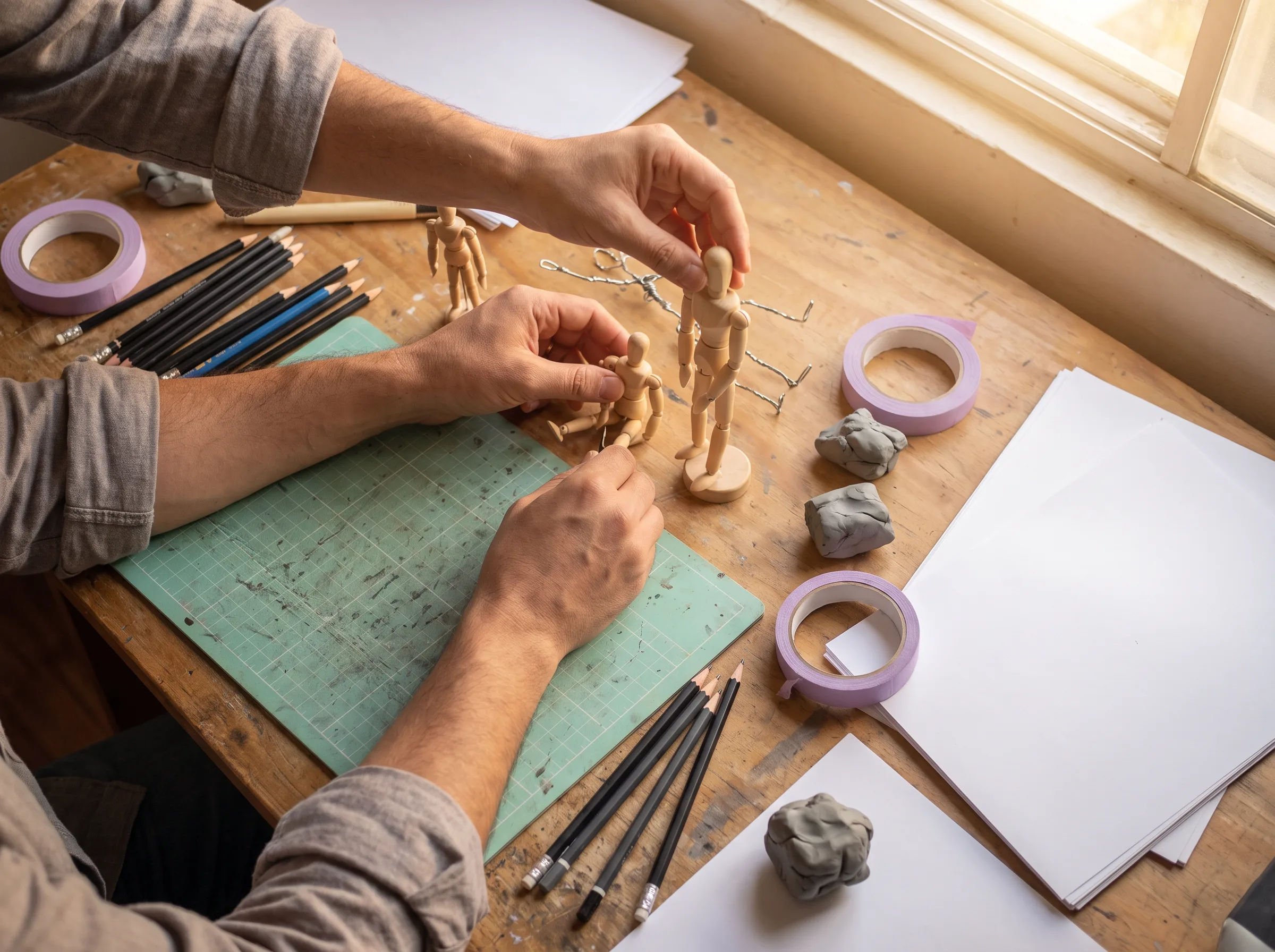 Hands arranging wooden pose mannequins on a desk