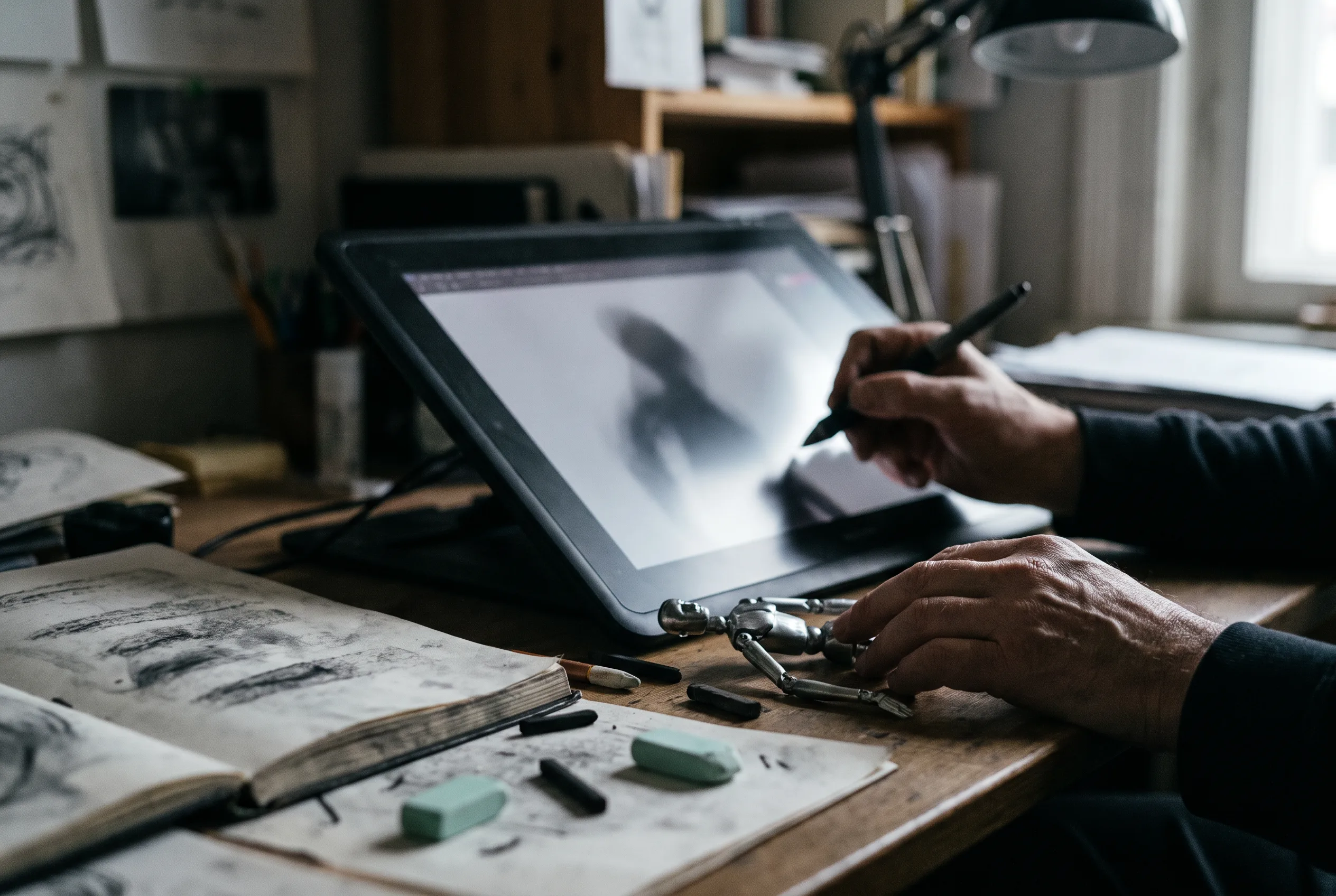 Hand using a stylus near a small articulated figure