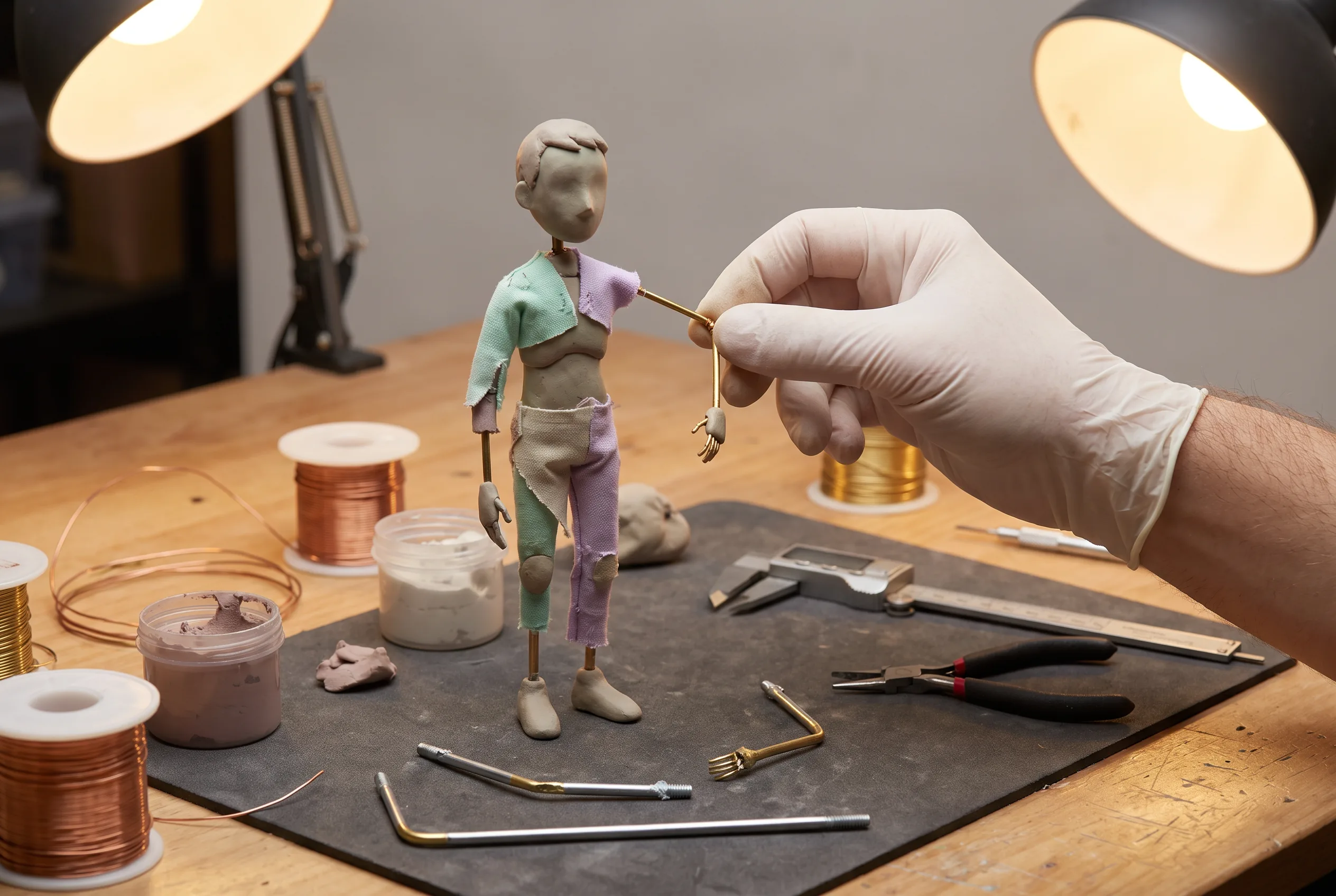 Hand adjusting a wire armature at a workbench