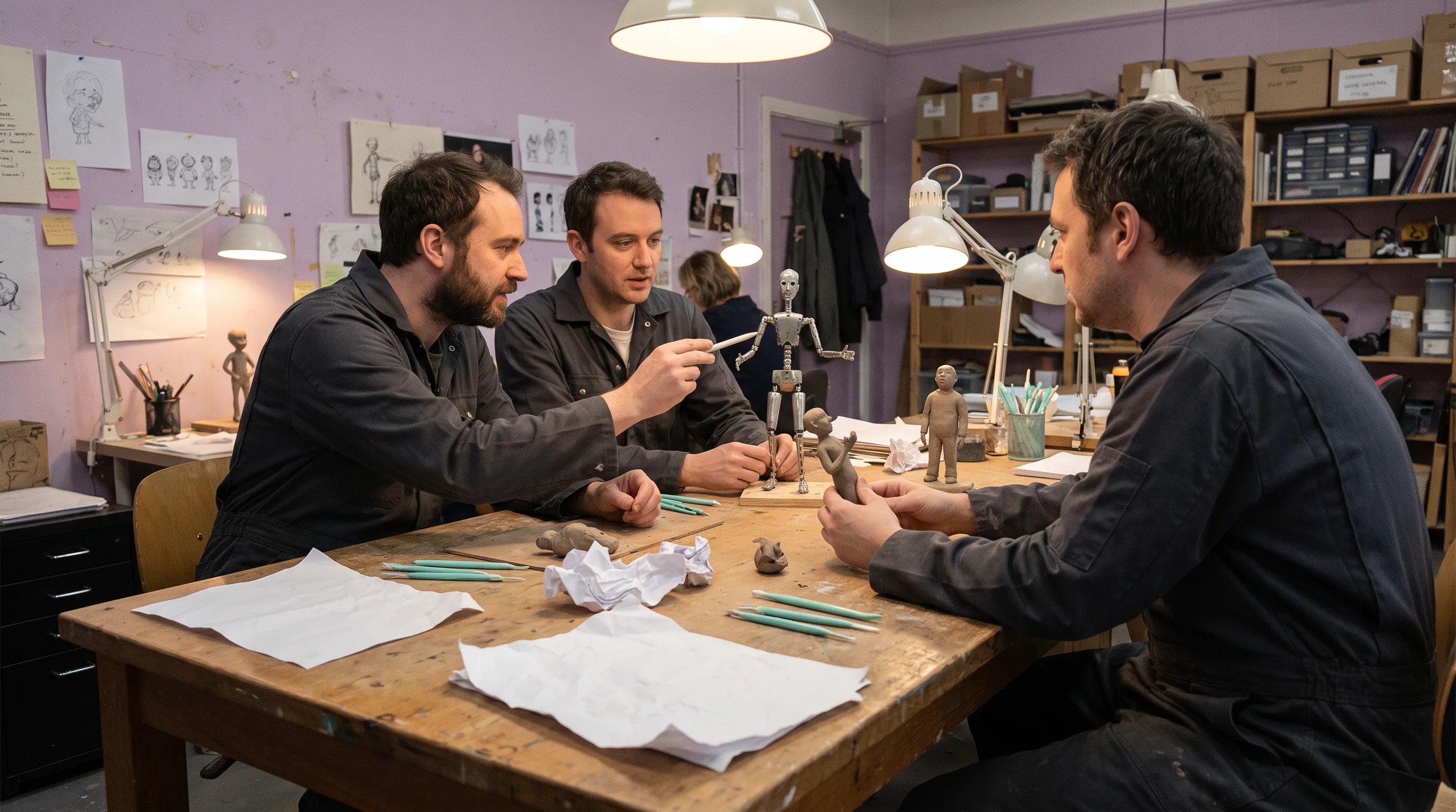 Animators reviewing puppets at a workshop table