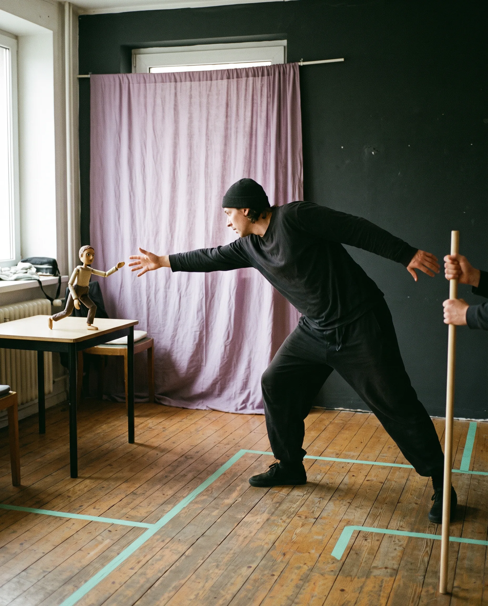 Performer making an animated reaching pose near a puppet