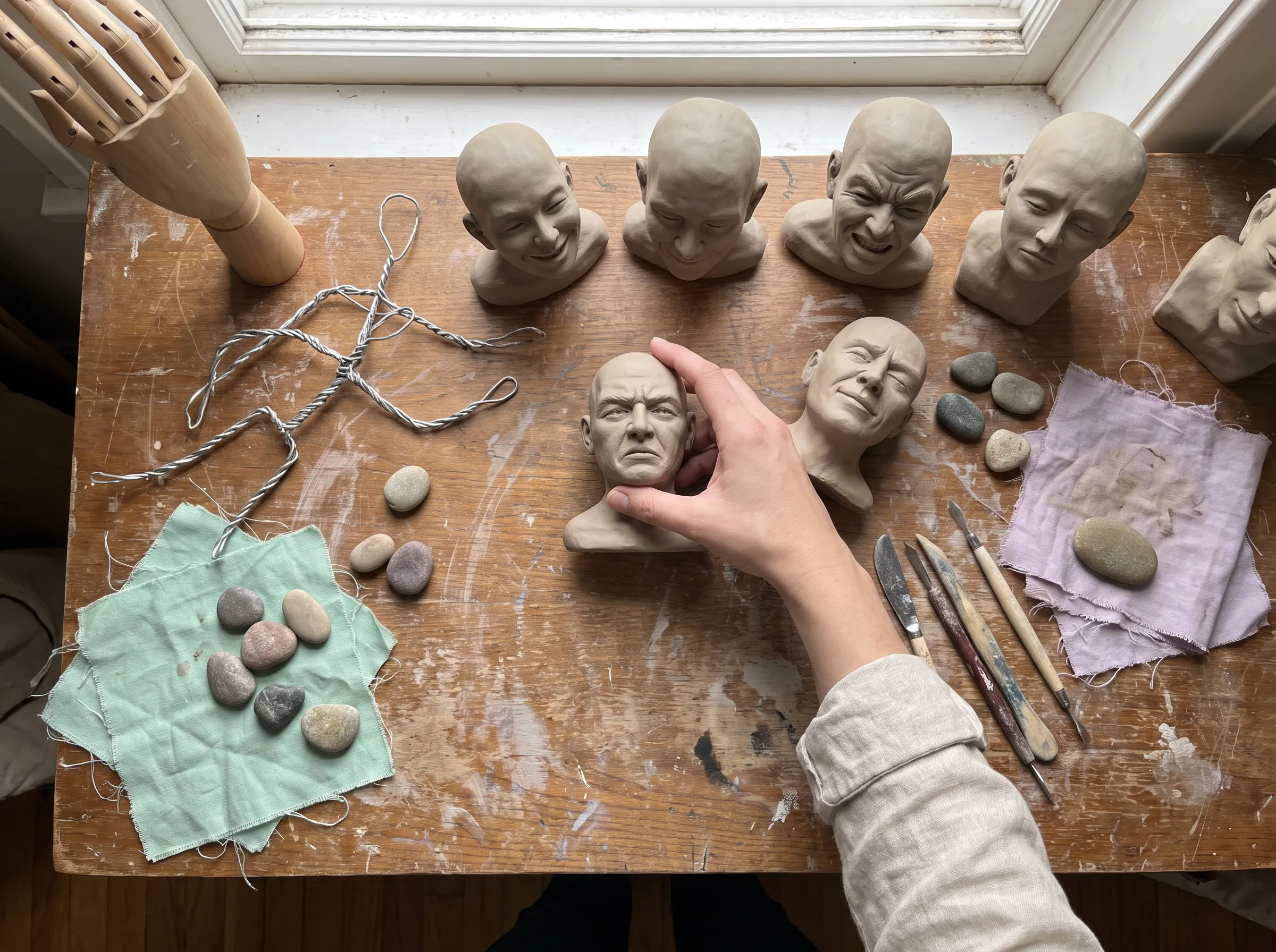 Hand arranging expressive clay heads and pose objects on a worktable